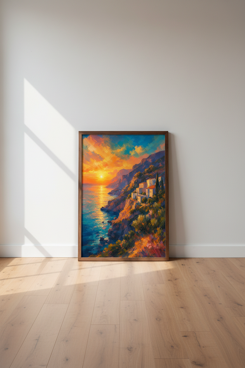 Coastal Sunset Oil Painting | Italy Amalfi Coast Poster, Mediterranean Decor