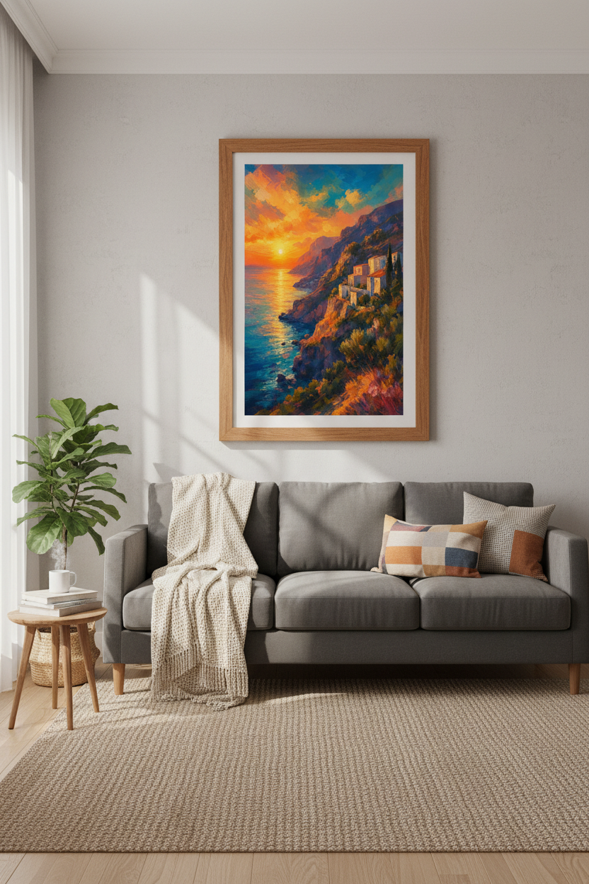 Coastal Sunset Oil Painting | Italy Amalfi Coast Poster, Mediterranean Decor
