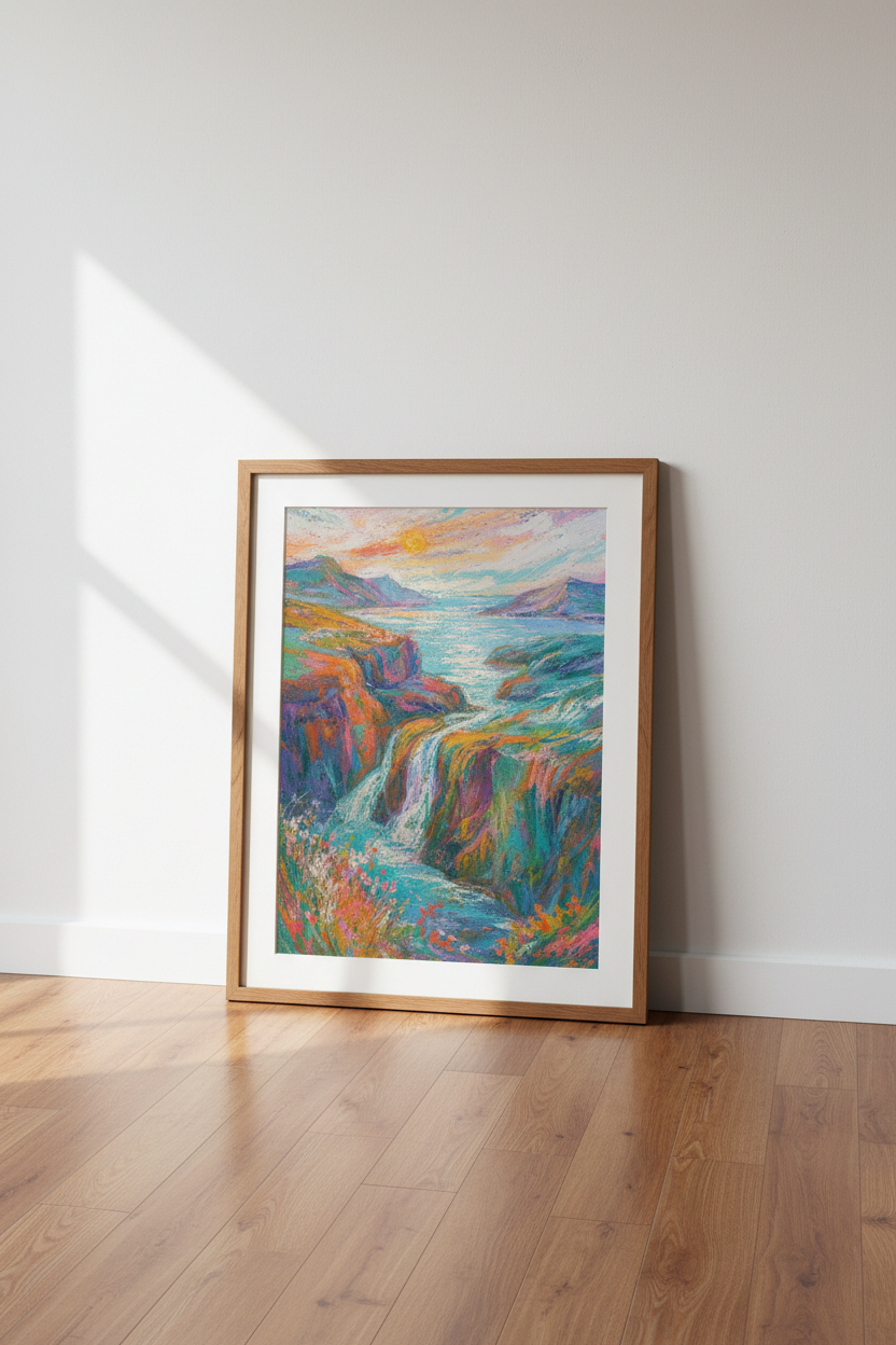 Waterfall Landscape Wall Art | Colorful Coastal Impasto Print, Living Room Decor
