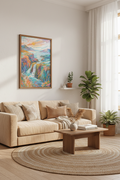 Waterfall Landscape Wall Art | Colorful Coastal Impasto Print, Living Room Decor