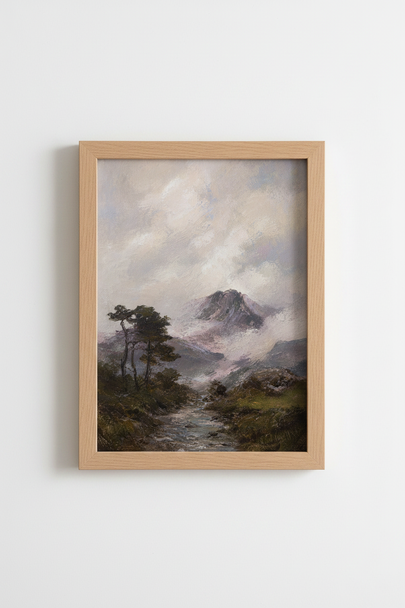 Pastel Landscape | Impressionist Mountain Scene, Lavender Hues | Living Room Decor