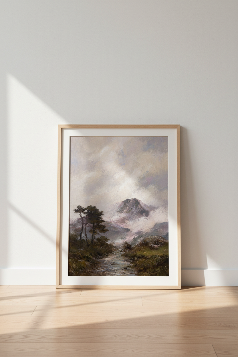 Pastel Landscape | Impressionist Mountain Scene, Lavender Hues | Living Room Decor