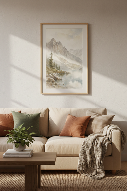 Mountain Lake Watercolor Landscape | Muted Earth Tones, Minimalist Nature Wall Art