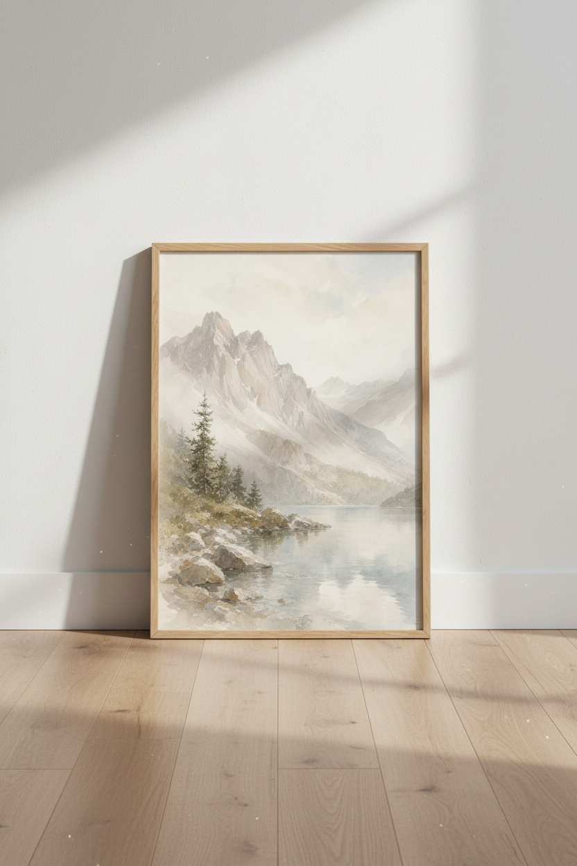Mountain Lake Watercolor Landscape | Muted Earth Tones, Minimalist Nature Wall Art