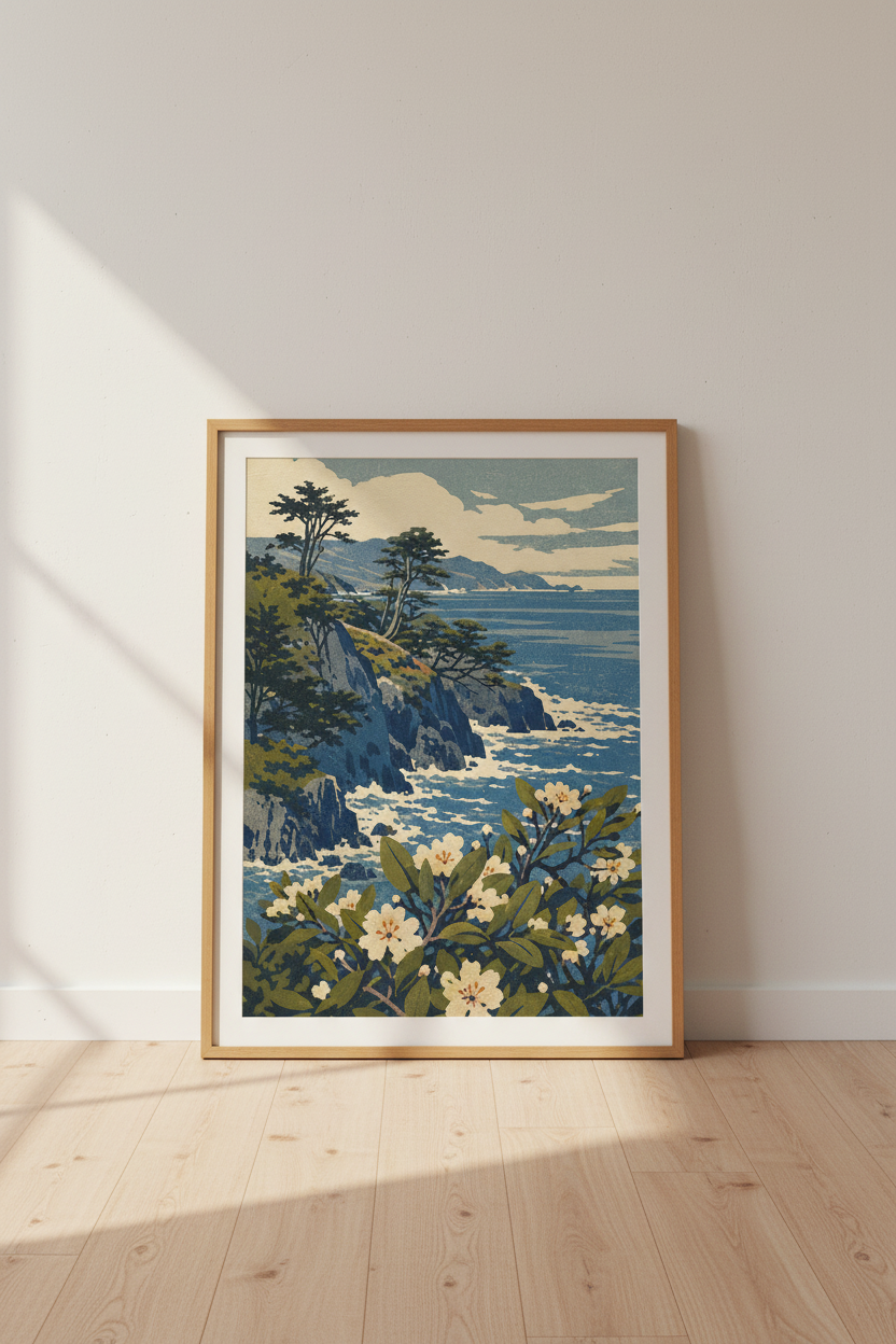 Japanese Woodblock Coast Wall Art | Blue Ocean Landscape Decor | Coastal Poster