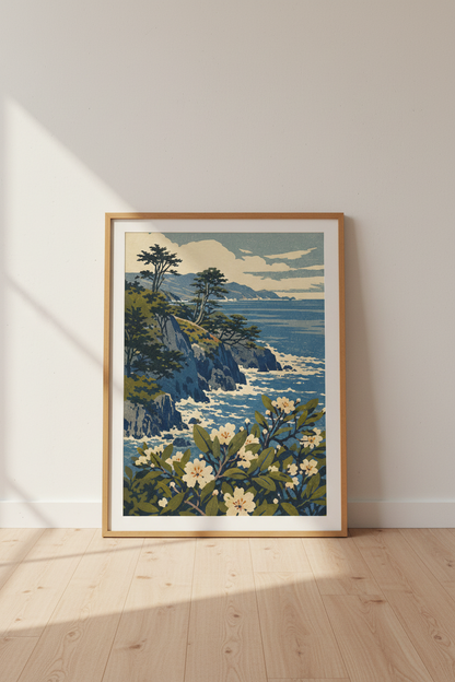Japanese Woodblock Coast Wall Art | Blue Ocean Landscape Decor | Coastal Poster