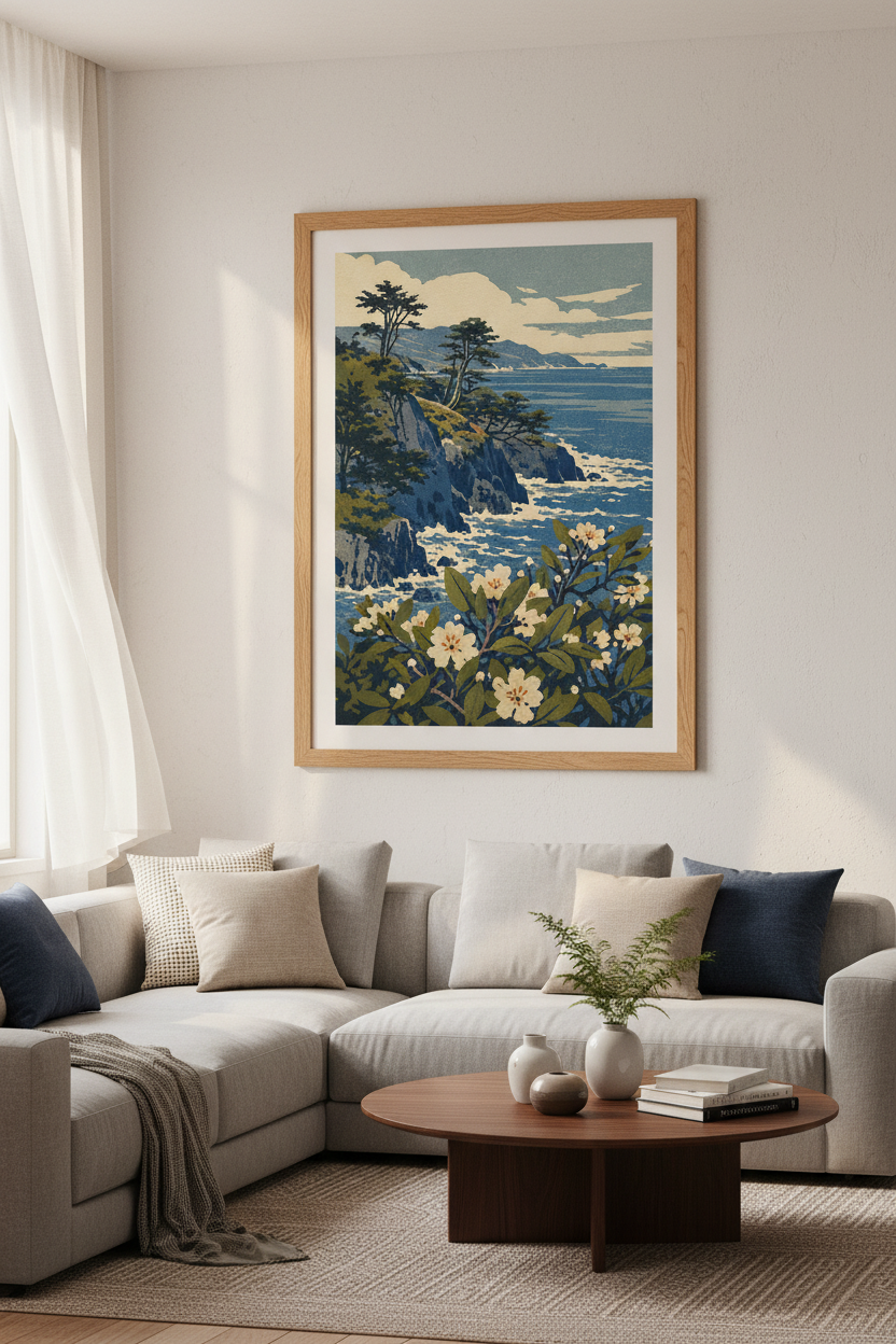 Japanese Woodblock Coast Wall Art | Blue Ocean Landscape Decor | Coastal Poster