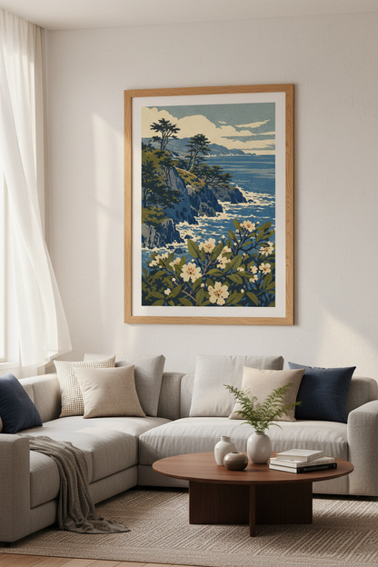 Japanese Woodblock Coast Wall Art | Blue Ocean Landscape Decor | Coastal Poster