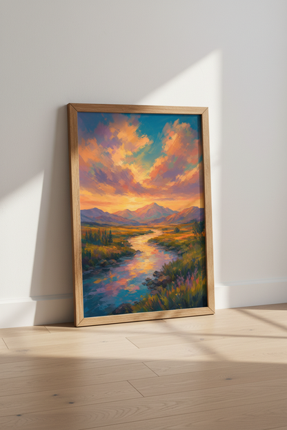 Sunset Mountain Landscape Art Print | Impressionist River Poster | Living Room Decor