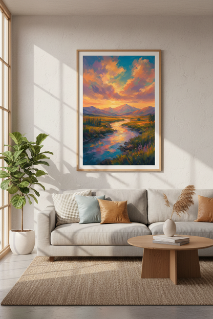 Sunset Mountain Landscape Art Print | Impressionist River Poster | Living Room Decor