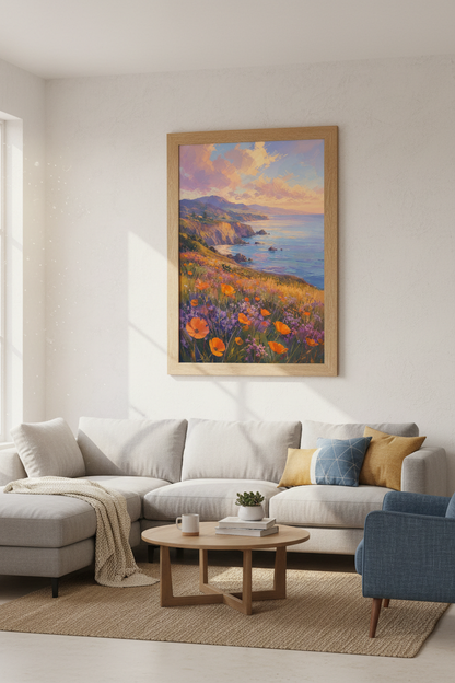 Coastal Landscape Poppies | Impressionist Sunset Print, Living Room Wall Art