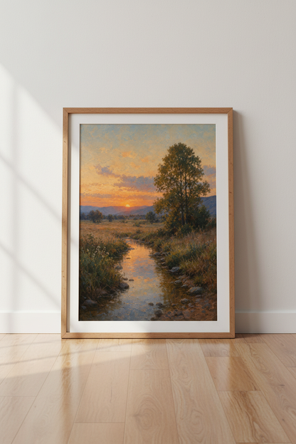 Sunset River Landscape | Impressionist Gold Nature Art, Living Room Poster