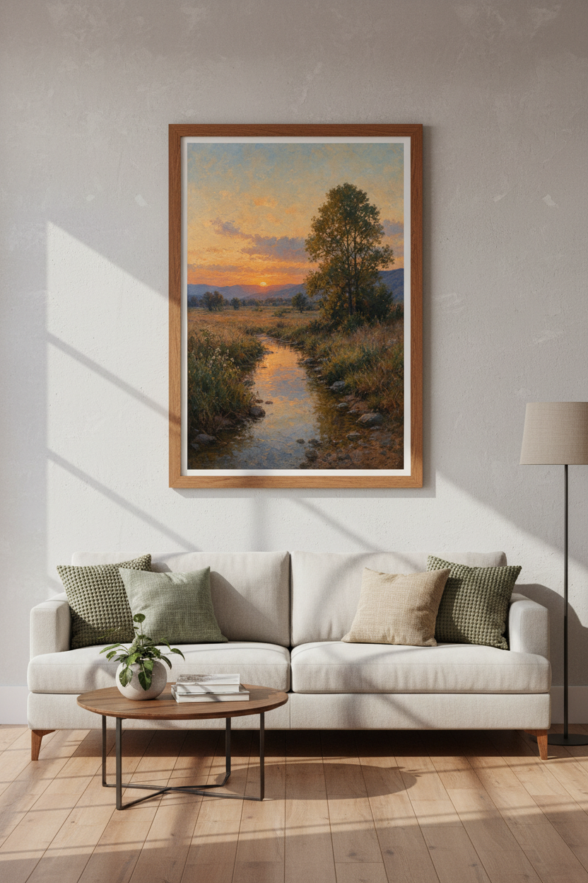 Sunset River Landscape | Impressionist Gold Nature Art, Living Room Poster