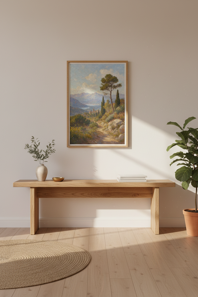 Mediterranean Landscape Poster | Sunlit Hillside, Tuscan Tones | Living Room Decor
