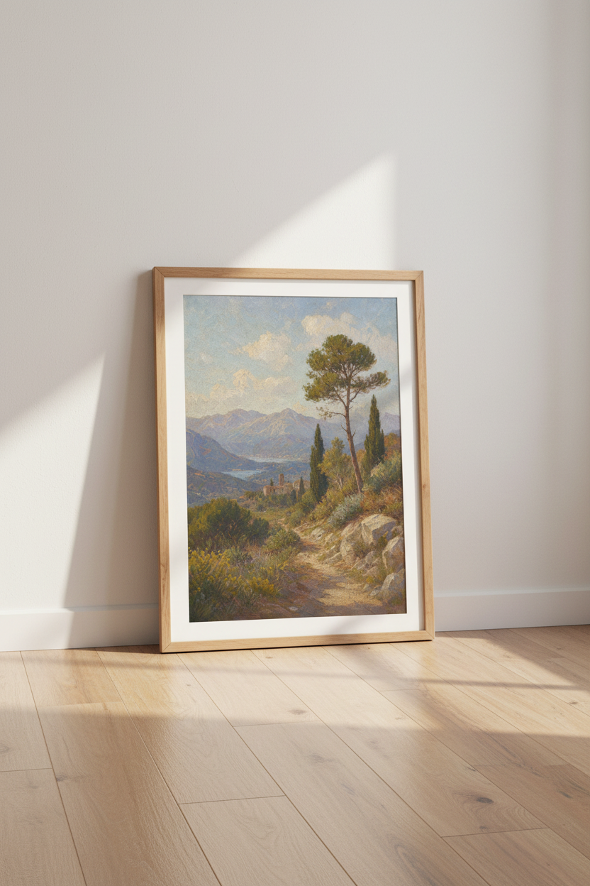 Mediterranean Landscape Poster | Sunlit Hillside, Tuscan Tones | Living Room Decor