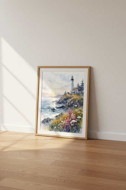 Lighthouse Watercolor Wall Art | Coastal Seascape Print, Nautical Nature Decor