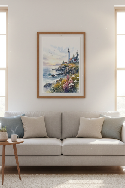 Lighthouse Watercolor Wall Art | Coastal Seascape Print, Nautical Nature Decor