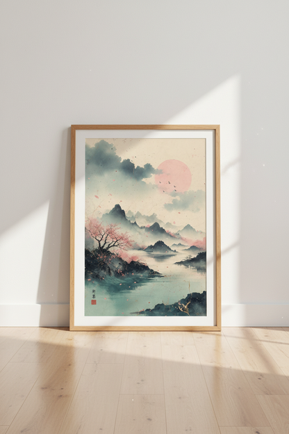 Japanese Landscape Wall Art | Pink Cherry Blossom Watercolor, Zen Nature Decor