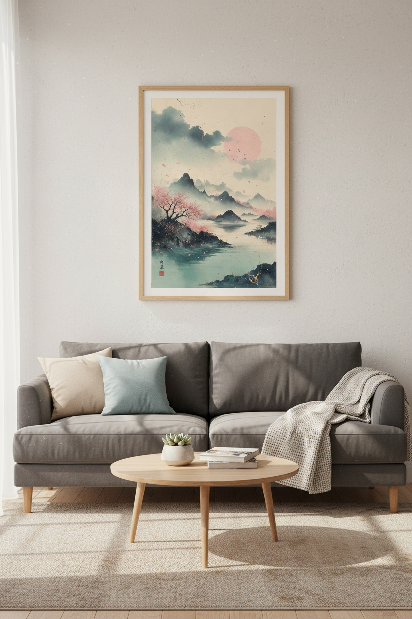 Japanese Landscape Wall Art | Pink Cherry Blossom Watercolor, Zen Nature Decor