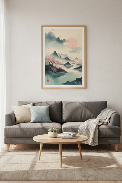 Japanese Landscape Wall Art | Pink Cherry Blossom Watercolor, Zen Nature Decor