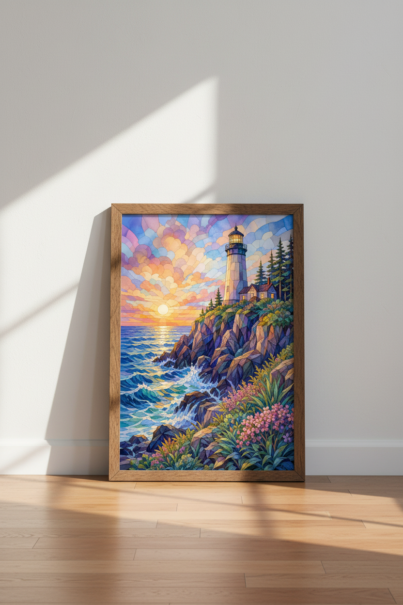 Lighthouse Stained Glass Wall Art | Coastal Sunset Mosaic Decor, Beach House Poster
