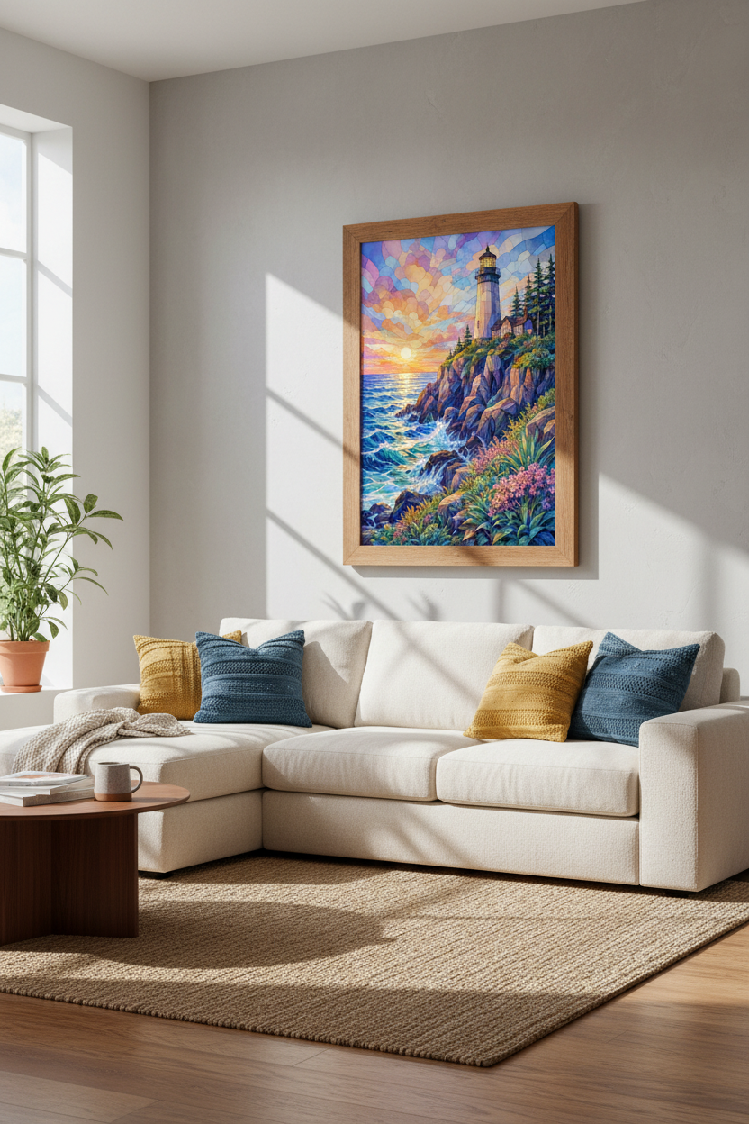 Lighthouse Stained Glass Wall Art | Coastal Sunset Mosaic Decor, Beach House Poster