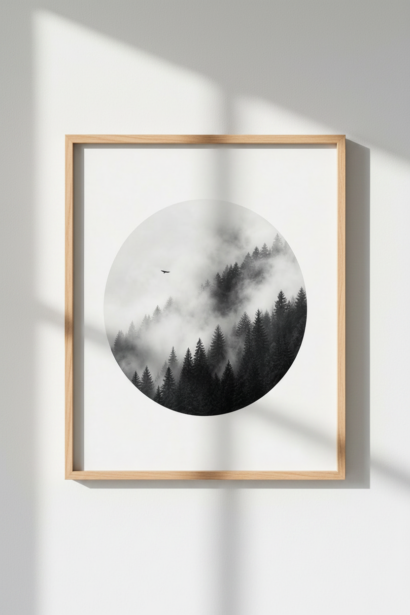 Misty Forest | Black and White Circular Nature Print, Minimalist Pine Tree Wall Art