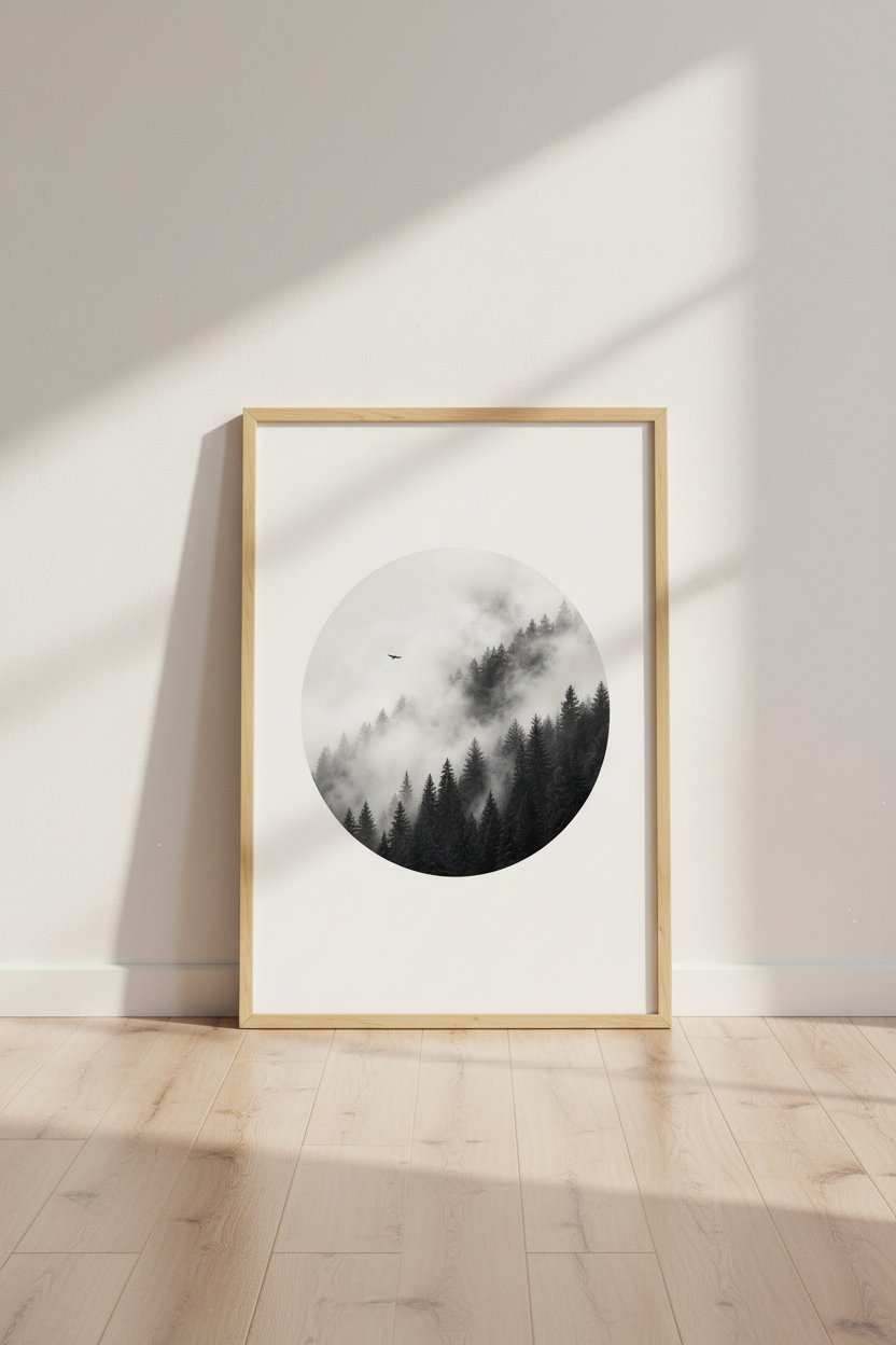 Misty Forest | Black and White Circular Nature Print, Minimalist Pine Tree Wall Art