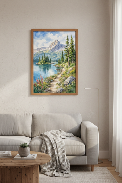 Mountain Lake Art | Watercolor Landscape, Nature Wall Decor Poster