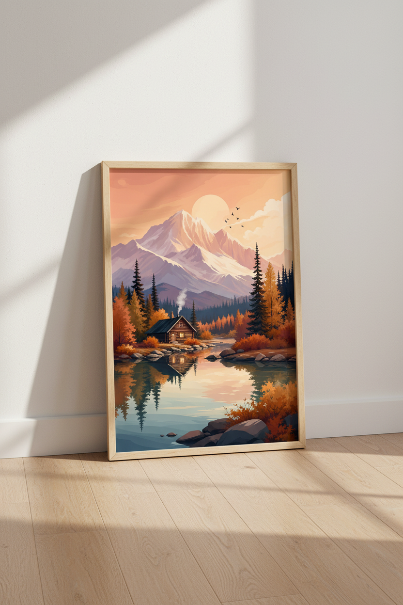 Mountain Cabin Landscape Print | Autumn Lake Decor | Rustic Nature Poster