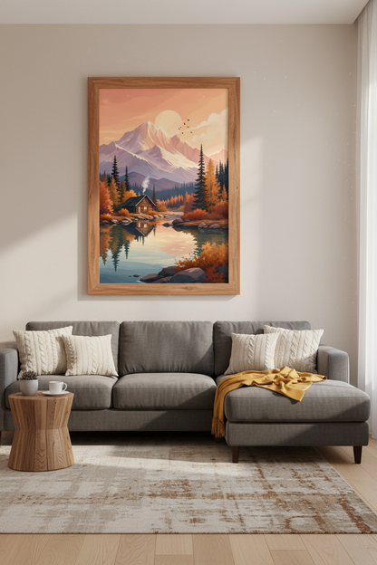 Mountain Cabin Landscape Print | Autumn Lake Decor | Rustic Nature Poster
