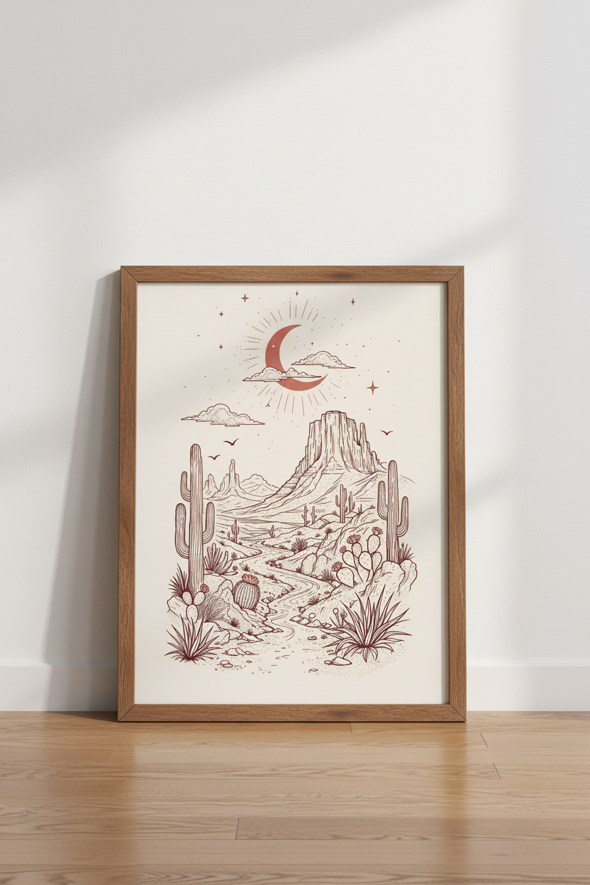 Boho Desert Landscape | Terracotta Moon &amp; Cactus Print, Southwestern Room Decor