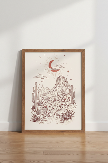 Boho Desert Landscape | Terracotta Moon &amp; Cactus Print, Southwestern Room Decor