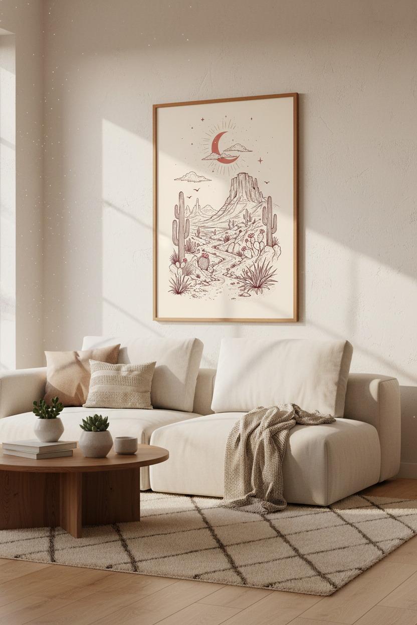 Boho Desert Landscape | Terracotta Moon &amp; Cactus Print, Southwestern Room Decor