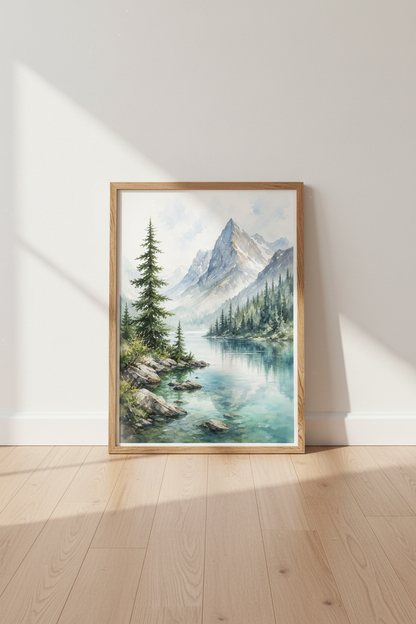 Watercolor Mountain Lake Wall Art | Blue Nature Landscape Print | Rustic Cabin Decor