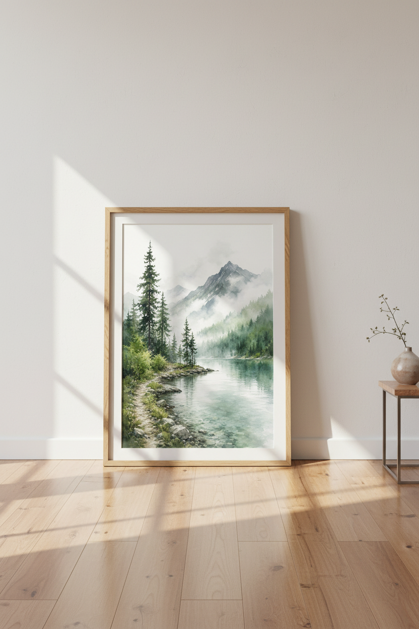 Mountain Lake Watercolor Wall Art | Misty Forest Landscape, Nature Decor Poster