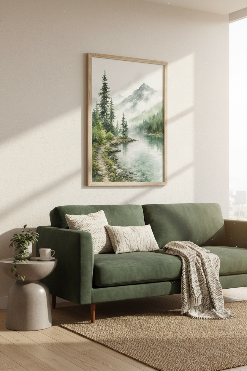 Mountain Lake Watercolor Wall Art | Misty Forest Landscape, Nature Decor Poster