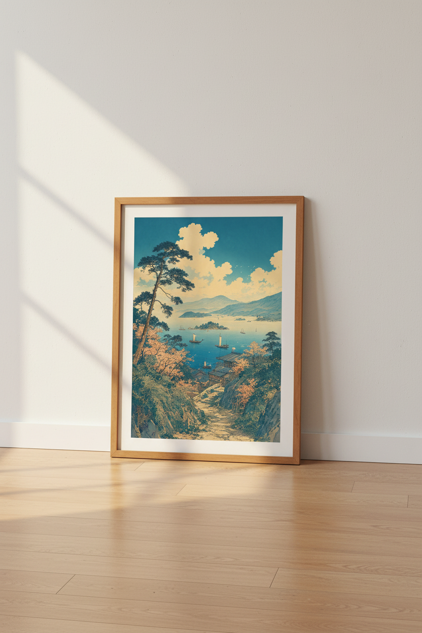 Japanese Coastal Landscape | Blue Ukiyo-e Style Sea &amp; Clouds, Living Room Decor