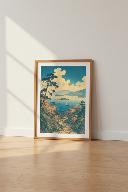 Japanese Coastal Landscape | Blue Ukiyo-e Style Sea &amp; Clouds, Living Room Decor