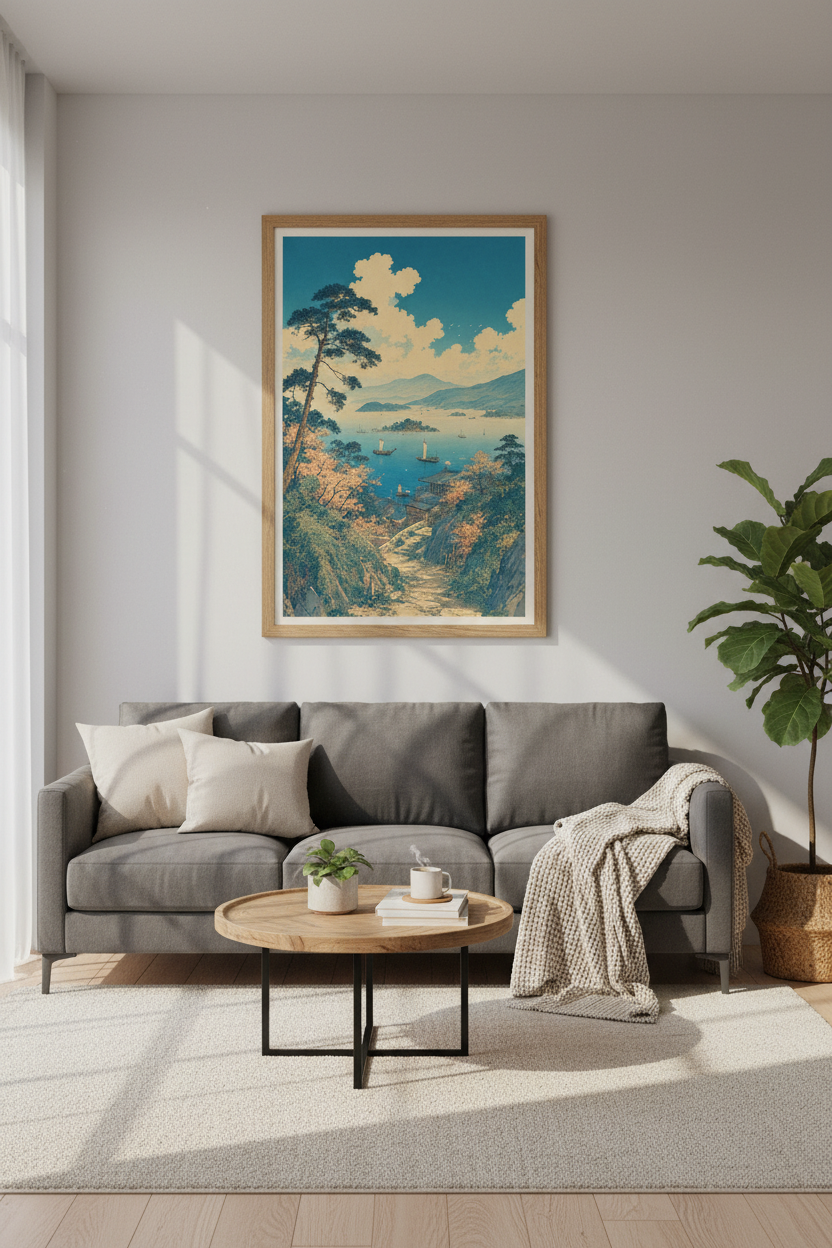 Japanese Coastal Landscape | Blue Ukiyo-e Style Sea &amp; Clouds, Living Room Decor