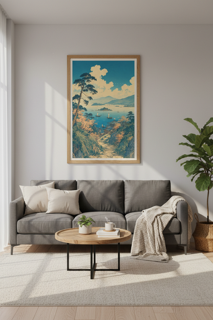 Japanese Coastal Landscape | Blue Ukiyo-e Style Sea &amp; Clouds, Living Room Decor