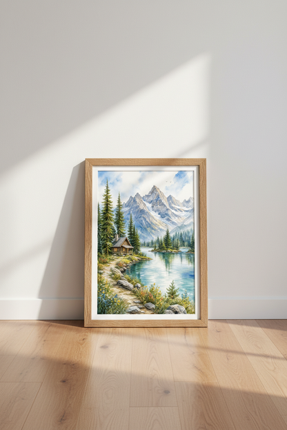 Mountain Lake Cabin Watercolor | Rustic Landscape Wall Art, Bedroom Scenic Poster