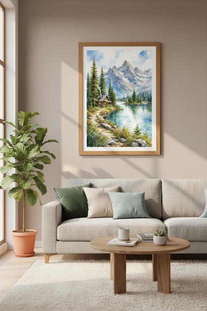 Mountain Lake Cabin Watercolor | Rustic Landscape Wall Art, Bedroom Scenic Poster