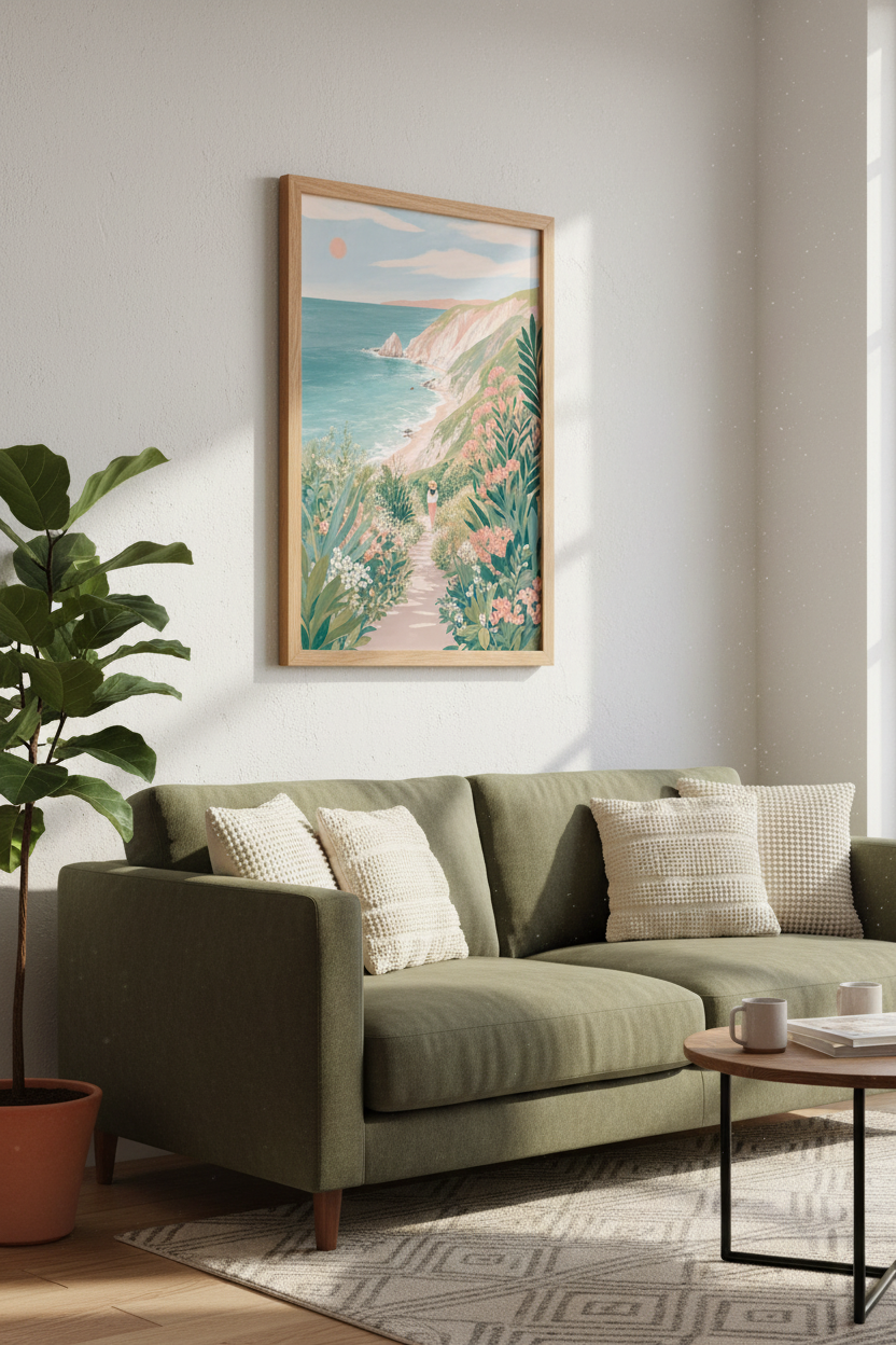 Coastal Path Landscape Wall Art | Pastel Beach Poster | Calm Nature Home Decor