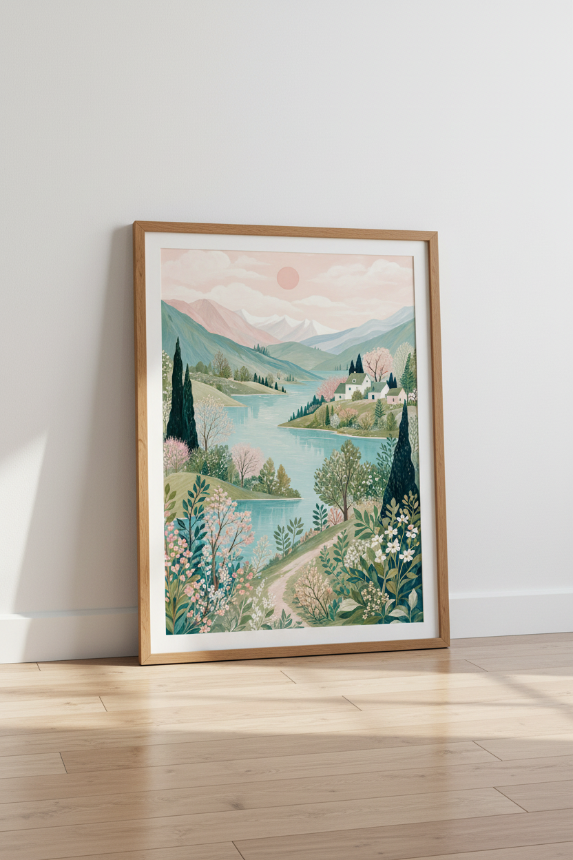Folk Art Lake Landscape | Pastel Mountain Scene, Whimsical Spring Bedroom Wall Art