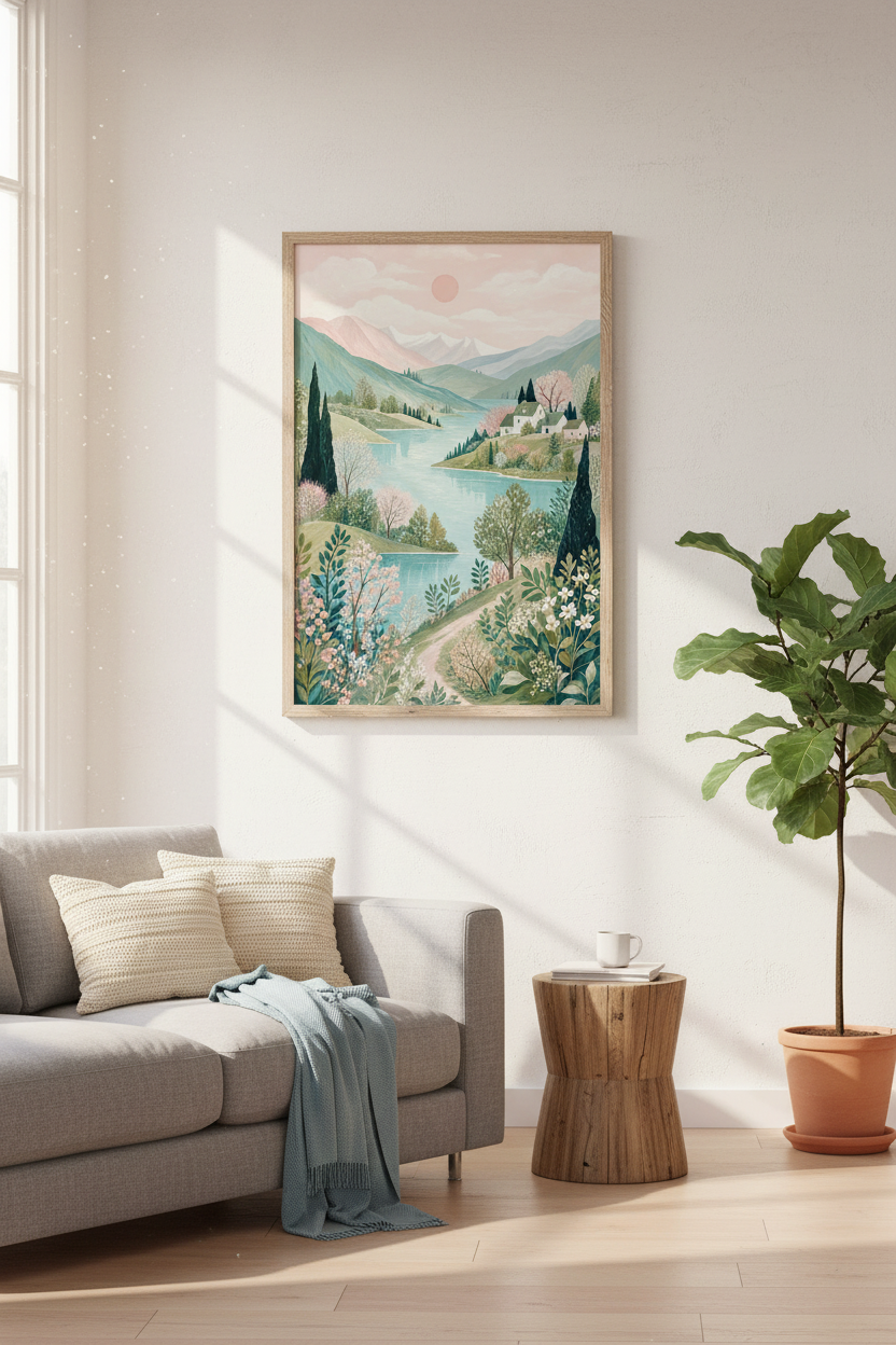Folk Art Lake Landscape | Pastel Mountain Scene, Whimsical Spring Bedroom Wall Art