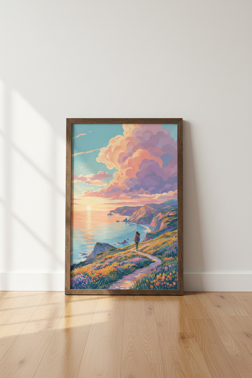 Anime Coastal Sunset Wall Art | Pastel Landscape Decor | Aesthetic Traveler Poster