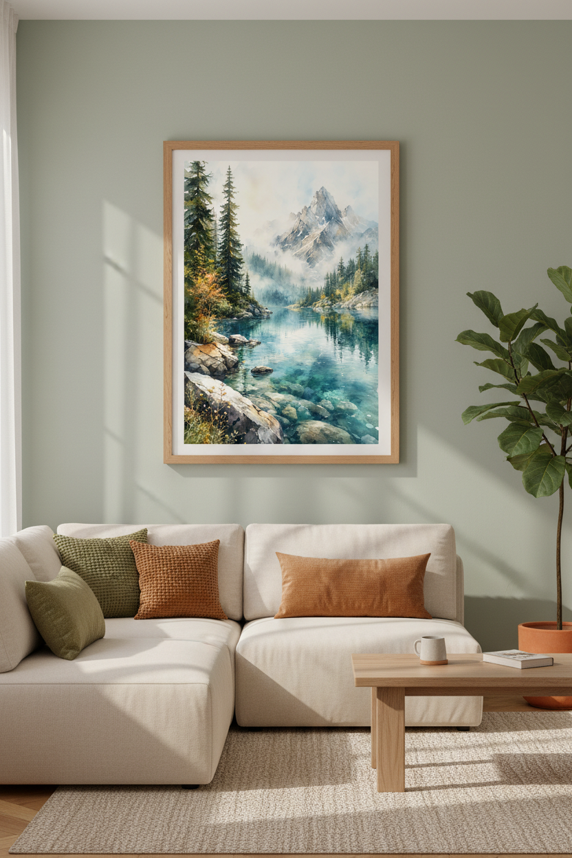 Mountain Lake Watercolor Wall Art Print | Living Room Decor | Nature Landscape Poster