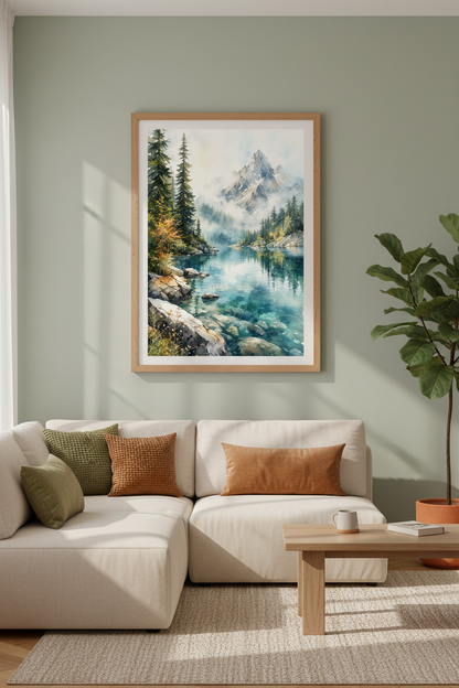 Mountain Lake Watercolor Wall Art Print | Living Room Decor | Nature Landscape Poster