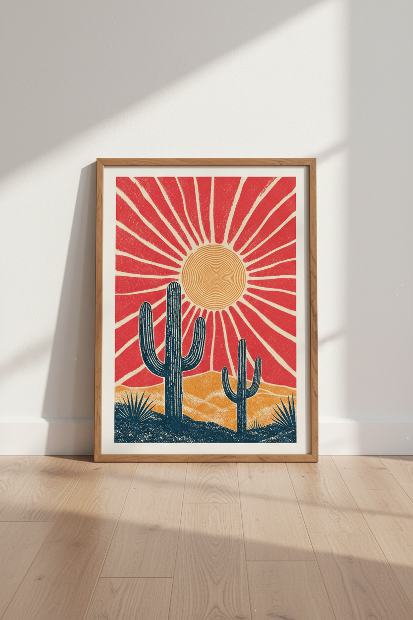Boho Desert Cactus Wall Art | Retro Sun &amp; Saguaro Print, Southwest Decor